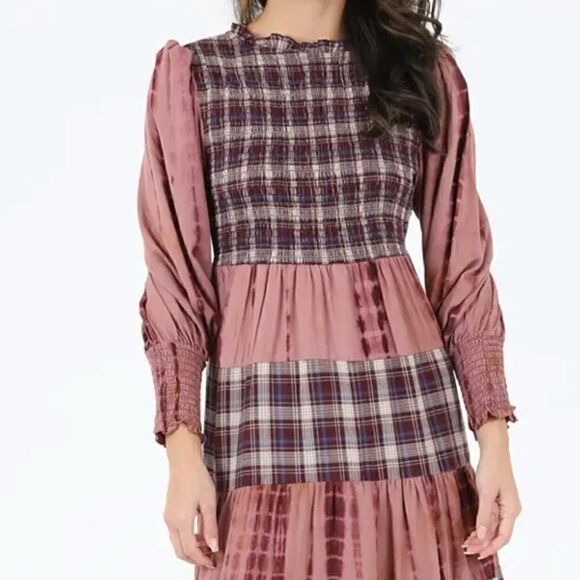 NEW! Beautiful Tie dye and Plaid Tiered Maxi Dress with Smocked Bodice - Picture 3 of 8